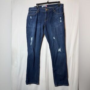 CAbi Women’s Size 12 Dark Blue Distressed Boyfriend Straight Jeans Style 3045